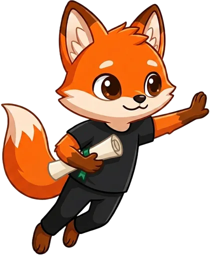 Grades fox holding a diploma, leaning on the panel